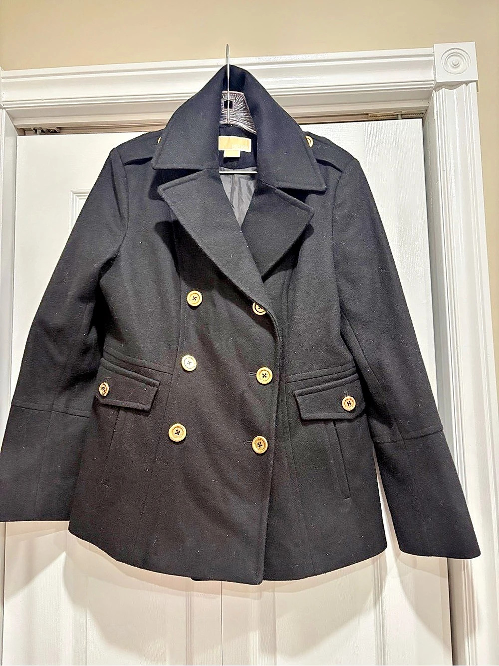 Michael Kors Double-Breasted Wool-Blend Peacoat with Gold Buttons Black